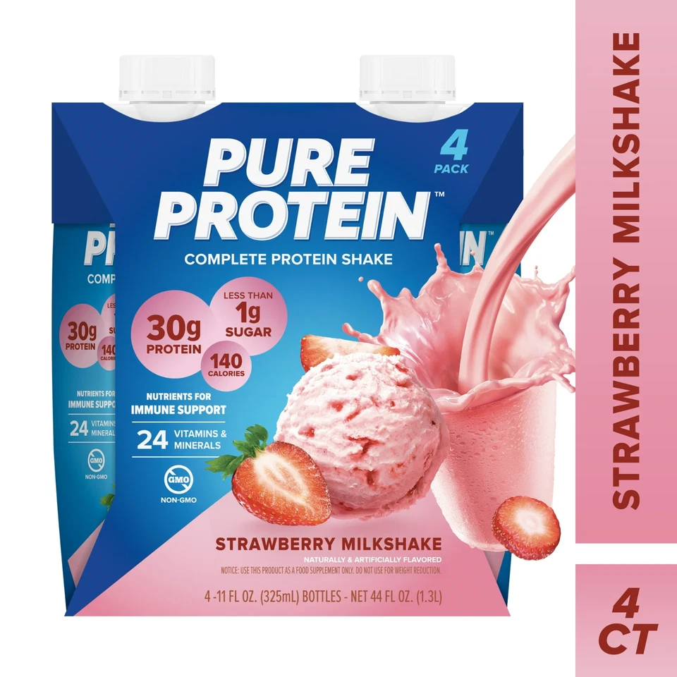 Batido completo de proteínas Pure Protein Strawberry Milkshake, 11 fl oz, 4 quilates Foto 1 de 1