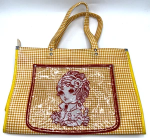 Vintage Yellow/White Gingham Style Tote Handbag Clear Front Pocket W/Fancy Girl - Picture 1 of 18