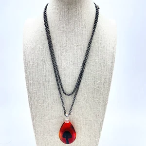 Glass Pendant Necklace Orange Mushroom Bronze Tone Chain Nature Garden Fungi - Picture 1 of 7
