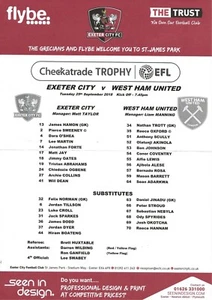 EXETER CITY V WEST HAM UNITED U21S EFL TROPHY 25 SEPTIEMBRE 2018 HOJA ÚNICA - Imagen 1 de 1