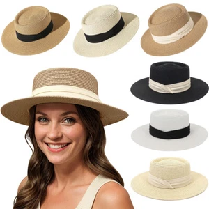 Summer Straw Boater Hat Wide Brim Summer Beach Sunhat Flat Top Caps Women Men - Picture 1 of 18