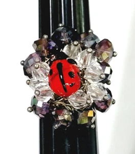 Chunky Ladybug Ring Glass Adjustable Purple Red Statement Jewelry r-9 - Picture 1 of 7