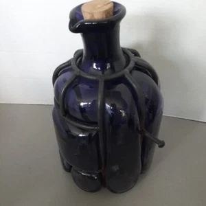 Purple Blown Glass Jug In Metal Cage With Hinge Pegs - Picture 1 of 9