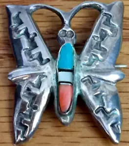 VINTAGE ZUNI STERLINGSILBER SCHMETTERLING ANHÄNGER ANSTECKNADEL TÜRKIS KORALLE MOPP-INLAY 10g - Bild 1 von 13