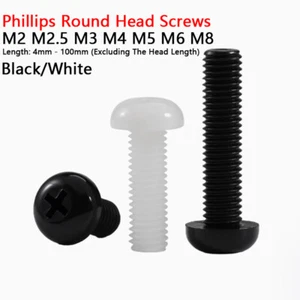 M2 M2.5 M3 M4 M5 M6 M8 Nylon Plastic Phillips Pan Head Screws Bolts Black/White - Picture 1 of 10