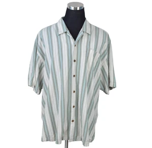 Tommy Bahama Mens Shirt XXL Green White Stripe Short Sleeved 100% Silk - Picture 1 of 8