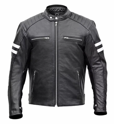Men's Motorcycle Cowhide Leather jacket Brando Style Black  Biker Strip Jacket - Image 1 of 4