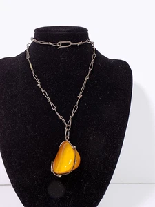Vintage antiker Anhänger Bernstein Butterscotch Amber Silberkette Antikschmuck - Picture 1 of 10