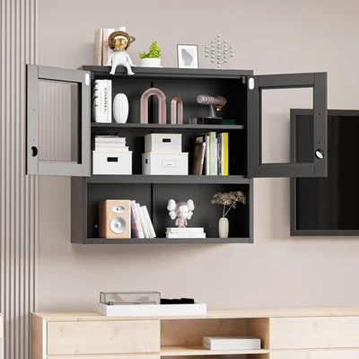 Wall-Mounted Metal Storage Cabinet w/ Sensor Light & Glass Doors for Home Office - Image 1 of 4