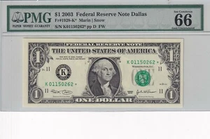 ☄️K01150262*☄️ONE DOLLAR REPLACEMENTS NOTE PMG 66 GEM UNCIRCULATED, - Picture 1 of 3