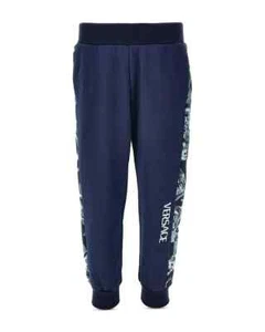 Versace Fleece + Barocco Print Logo Sweatpants Big Boy 10 Navy/Light Navy PullOn - Picture 1 of 17