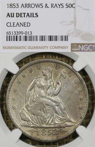1853 50C NGC AU Details Arrows and Rays Seated Half Dollar Cover
