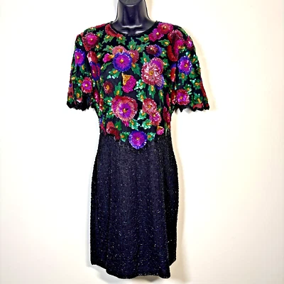 Scala M Dress floral Black Silk fully beaded knee length ss Cocktail Sequins - Image 1 of 4