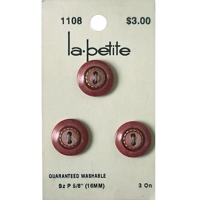 Buttons Pink Round Gold Ring 2-hole 3-Pack P 5/8" Vtg La Petite No. 1108 Holland - Image 1 of 4