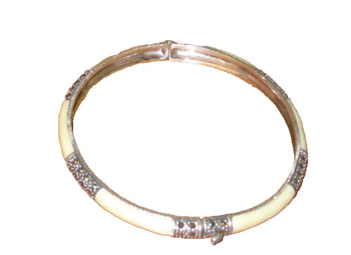 OFF WHITE Braccialetto Cernierato Vintage Argento Sterling Marcasite & Smalto Bianco Spento 8" Raro