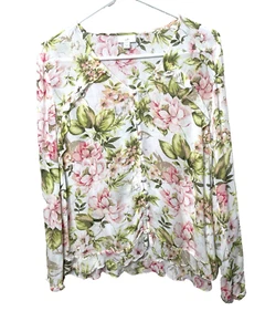 Camicetta J Jill taglia M romantica rosa verde floreale bottoni volant peplo rayon - Foto 1 di 12