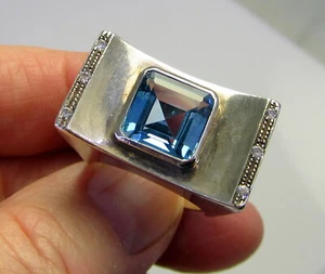 Estate Vintage Rare Huge Art Deco Design Sterling Silver Blue Topaz Size 7 Ring - Picture 1 of 5