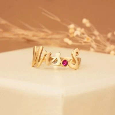 Simulated Ruby With Mrs Title & Customized Initial Ring In 10K Yellow Gold - Image 1 of 4