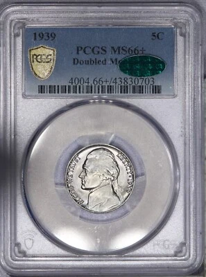 1939 Jefferson Nickel 5c PCGS MS66 + Plus CAC - Doubled Monticello LB - Image 1 of 2