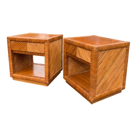 1970s Antique Pencil Reed Crespi Style Rattan Bamboo Modern Nightstands - Pair Cover