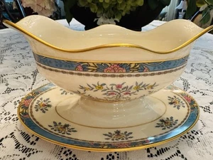 Vintage China Lenox Blue Tree Gold Trim Gravy Boat With Attached Underplate - Picture 1 of 3