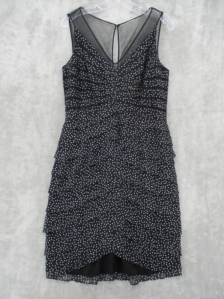 Vestido Adrianna Papell 14 Lunares Niveles Malla Escote Cóctel Noche Evento Foto 1 de 4