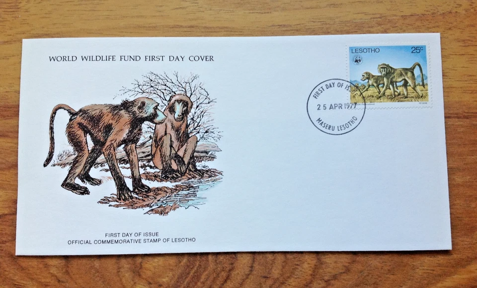 1977  WWF Baboon  First Day Cover , Lesotho   pmk with insert.  Free UK P&P - Image 1 of 3