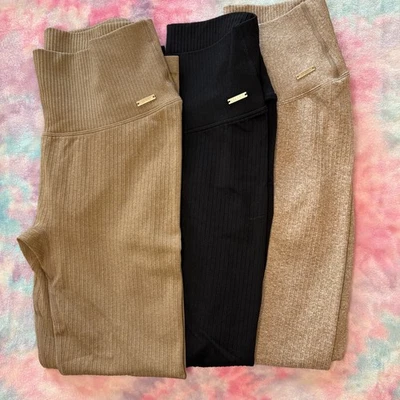 Lilia's Active The Ribbed Knit SMALL Leggings Beige Black & Taupe Lot of 3 - Image 1 of 4