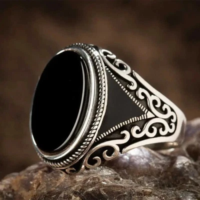 Silver-Tone Sterling Look Handmade Black Men's Ring All Sizes Fashion 2025 - Image 1 of 4