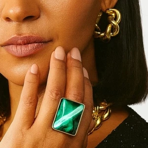 VINTAGE MALACHITE STATEMENT RING SILVERTONE SETTING SIZABLE - Picture 1 of 16