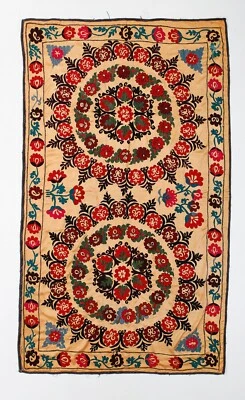 5.4x8.6 ft Silk Embroidery Wall Hanging, Vintage Tablecloth, Yellow Bedspread - Image 1 of 4