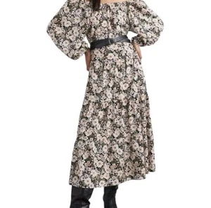 French Connection linear Floral Midi Dress Long Blouson Sleeve Size 16 - 18 - Picture 1 of 10
