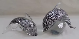 VTG Lot 2 Murano Italy Dolphin Art Glass Black Silver Foil Sculpture Figurine - Picture 1 of 7