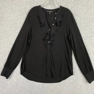 White House Black Market Top Womens XL Black 1/2 Button Ruffled Long Sleeve Knit - Picture 1 of 14