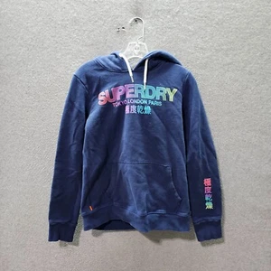 SuperDry Women Sweatshirt 8 Blue Hoodie Logo Tokyo London Paris Ombre Pockets - Picture 1 of 8
