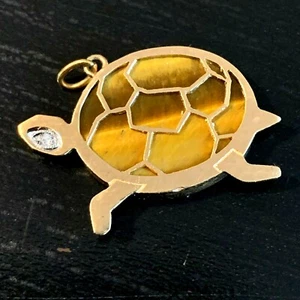 14K yellow gold turtle charm pendant tigers eye stone w/ diamond estate vintage - Picture 1 of 11