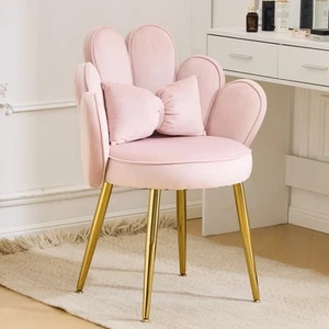 Modern Dining Chair Small Accent Chair with Adustable Gold Legs&Bow Pillow - Picture 1 of 17