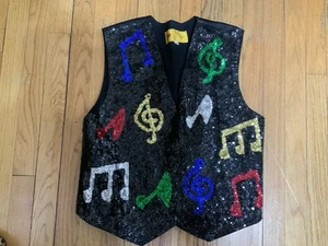 Vintage JC 001 USA Musik Thema handgefertigte ärmellose Pailletten Druckknopf Weste Damen MED - Bild 1 von 5