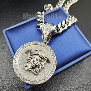 Silver Plated Medusa Cubic Zirconia Pendant & 10mm Cuban Chain Hip Hop Necklace - Picture 1 of 20