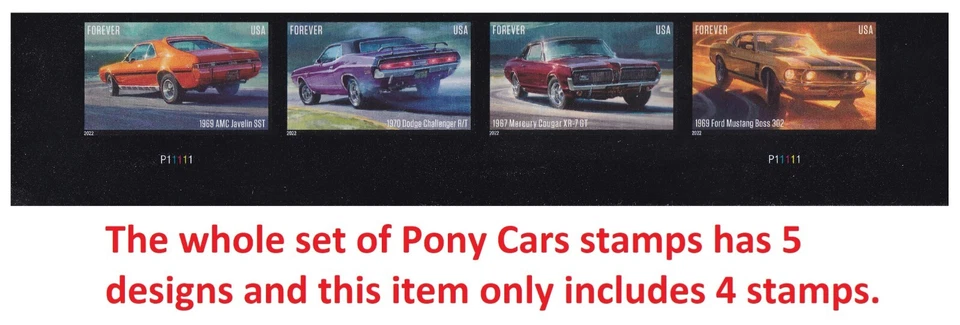 US 5715a-5719a 5719c Pony Cars imperf NDC plate strip 4 MNH 2022 - Image 1 of 1