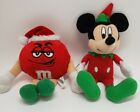 Red M&M Guy In Santa Hat And Mickey Mouse In ELF costume Plush about 5- 6" tall