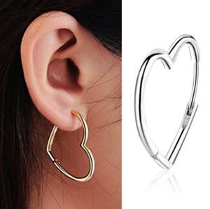 Women 925 Silver Plated Big Heart Shape Plain Huggie Hoop Earrings 31mm PE58 - Picture 1 of 8