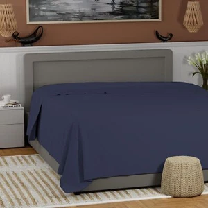 100% Cotton Dark Blue Full Size Flat Sheet Only Cool & Crisp Percale Weave Fl... - Picture 1 of 9