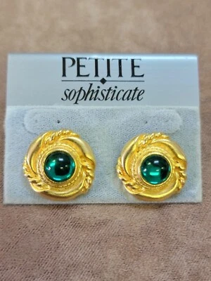 Petite Sophisticate Earring Emerald Glass Cabochon Gold Tone 1980s - Image 1 of 2