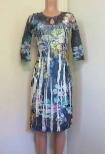 KOMAROV BLUE COLORFUL FLORAL PRINT 3/4 SLEEVE STRETCH CRINKLE MIDI DRESS, XS/S - Picture 1 of 10