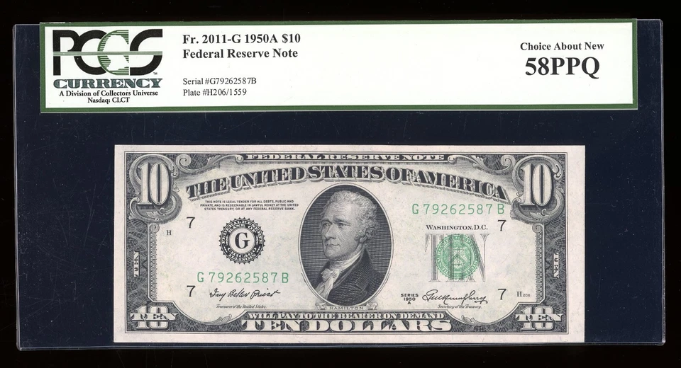 DBR 1950-A $10 FRN Chicago Fr. 2011-G PCGS 58 PPQ Serial G79262587B - Image 1 of 2