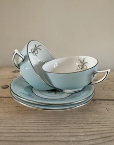 Minton Ardsley Cups & Saucers Turquoise Platinum x 2 Twin Handle Mid Century - Picture 1 of 12