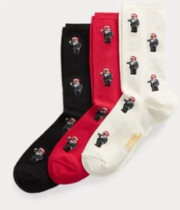 3 x POLO RALPH LAUREN Ivory Red Black Christmas BEAR SOCKS Women’s RRP £35 - Picture 1 of 5