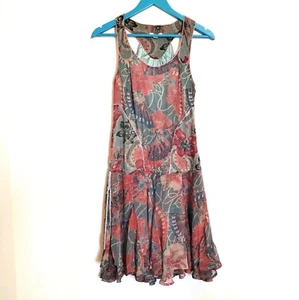 Abito donna effetto medio rosso floreale chiffon foderato a strati nappe fluide boho - Foto 1 di 19