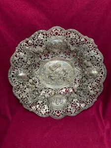 ANTIQUE GERMAN CHERUB'S & ROSE'S LARGE 15.5"  RETICULATED REPOUSSE BOWL - Picture 1 of 11